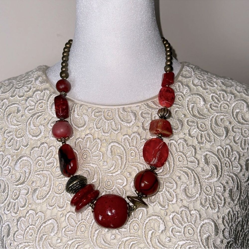 Vintage Jasper Stone Brass Tone Chunky Necklace